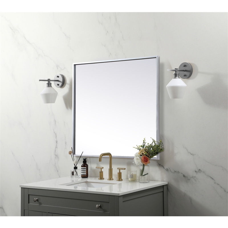 Pemberly Row Square Metal/Wood Vanity Mirror with Sleek Metal Frame in Silver