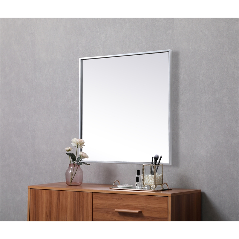 Pemberly Row Square Metal/Wood Vanity Mirror with Sleek Metal Frame in Silver