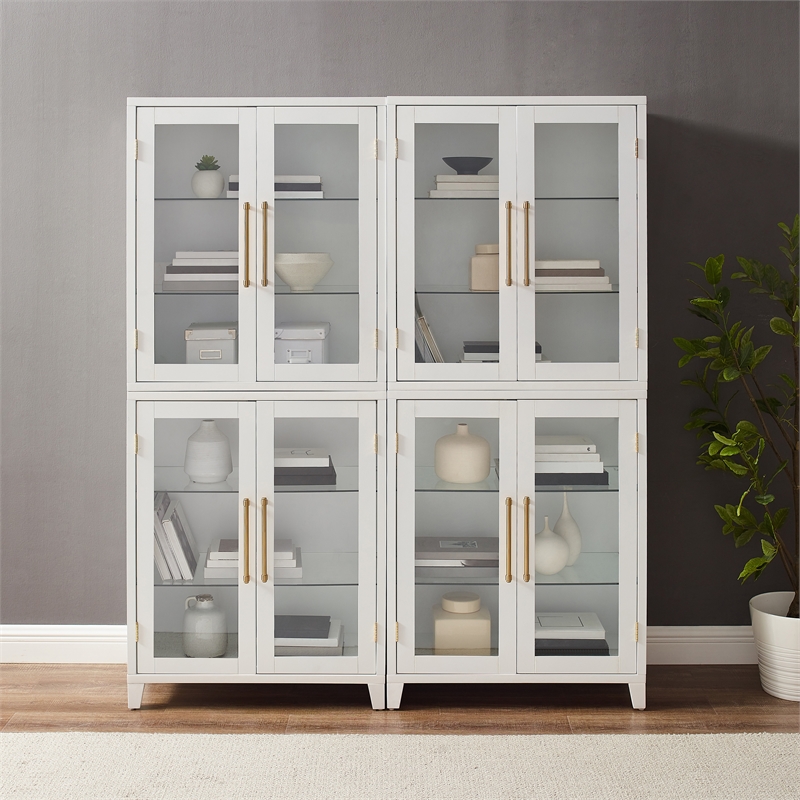 Pemberly Row 2-Pc White Kitchen Pantry Storage Cabinet with Glass Doors