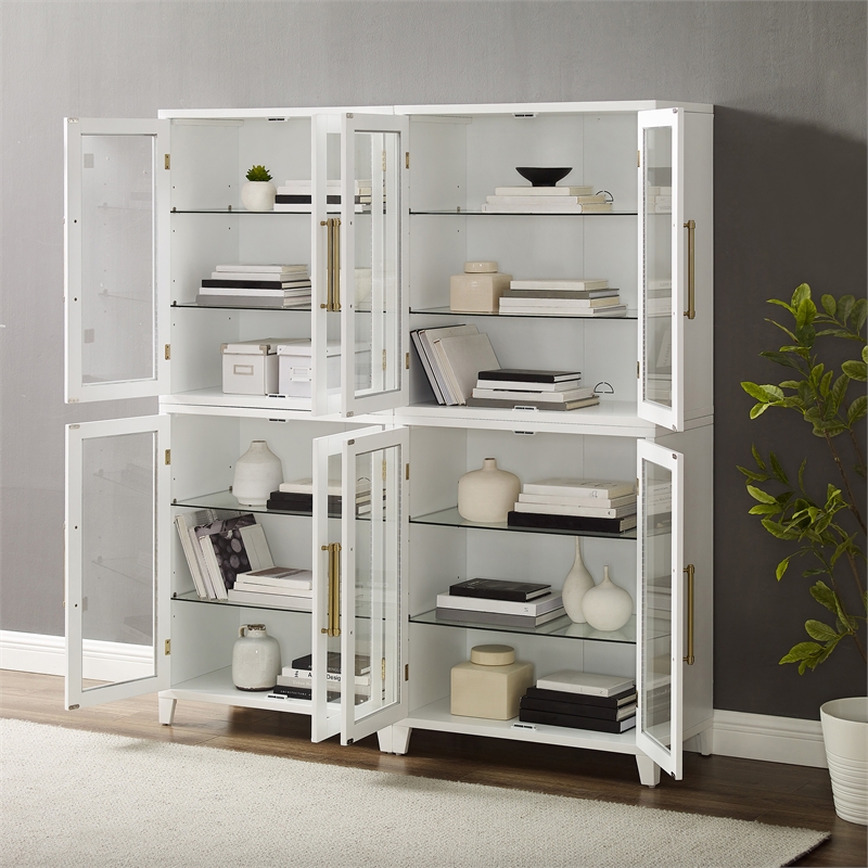 Pemberly Row 2-Pc White Kitchen Pantry Storage Cabinet with Glass Doors
