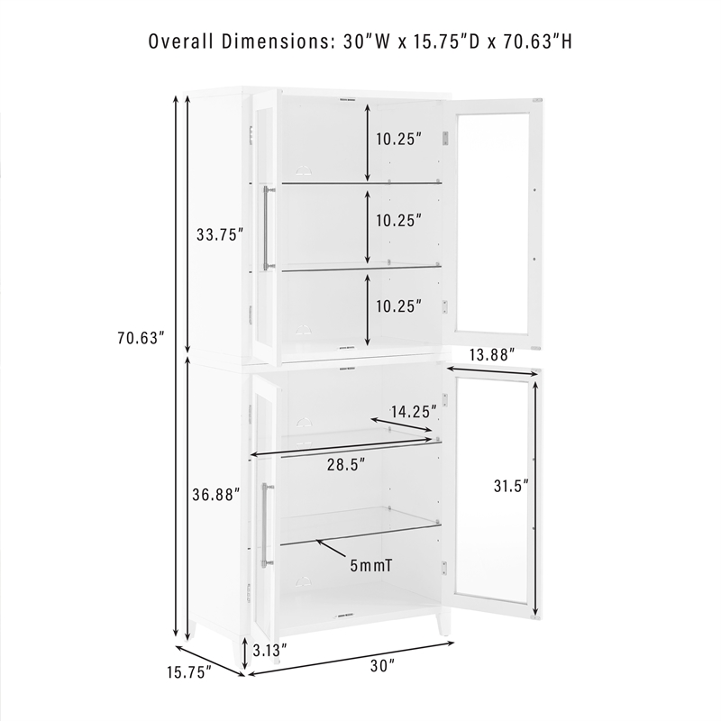 Pemberly Row 2-Pc White Kitchen Pantry Storage Cabinet with Glass Doors
