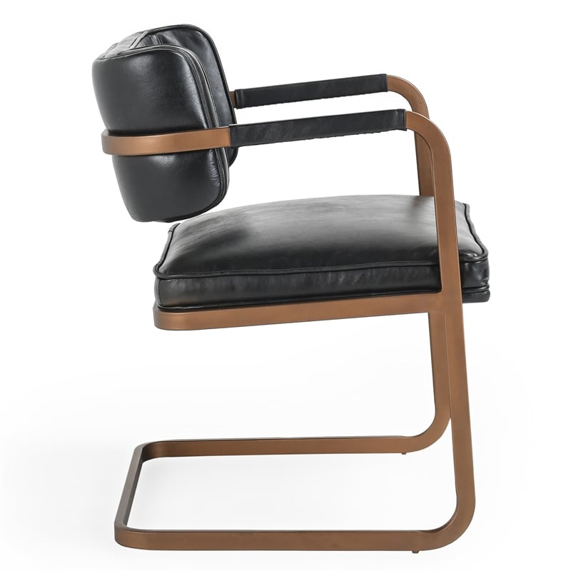 Pemberly Row Black Leather Cantilever Dining Chair with Welted Seam Detail