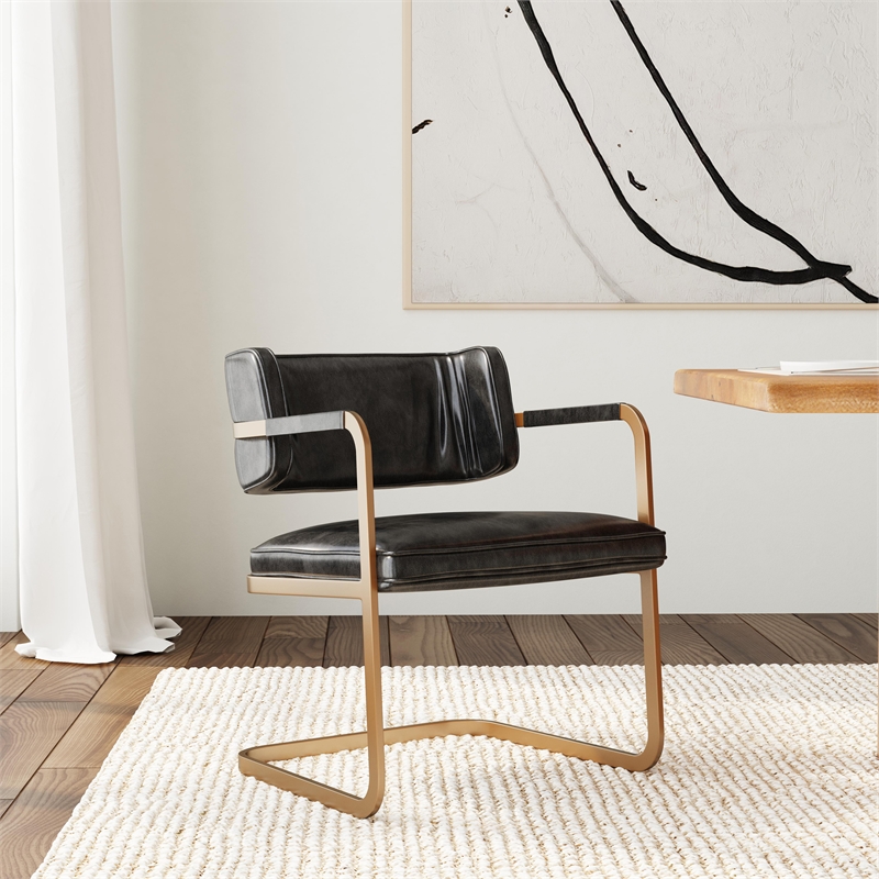 Pemberly Row Black Leather Cantilever Dining Chair with Welted Seam Detail