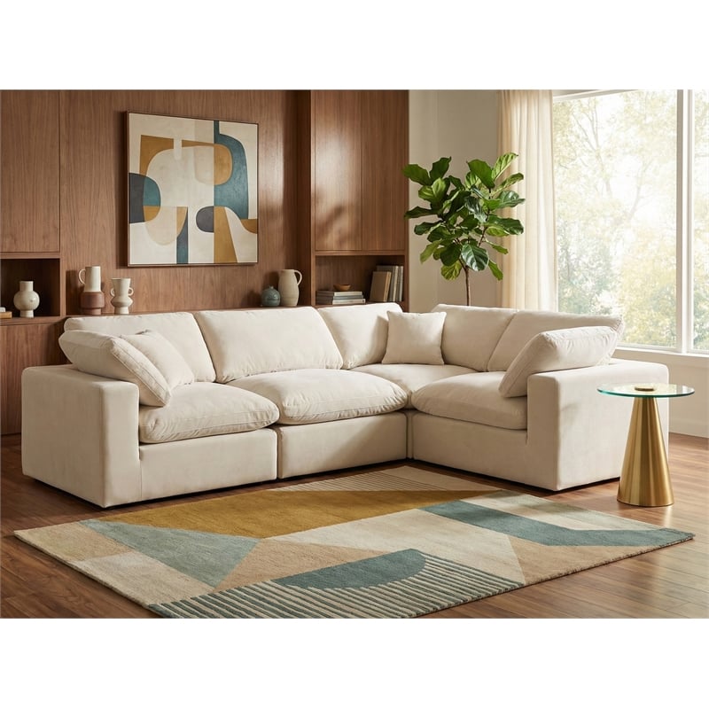 Pemberly Row Modular Cream Velvet 4-Piece Sectional with Down Cushions