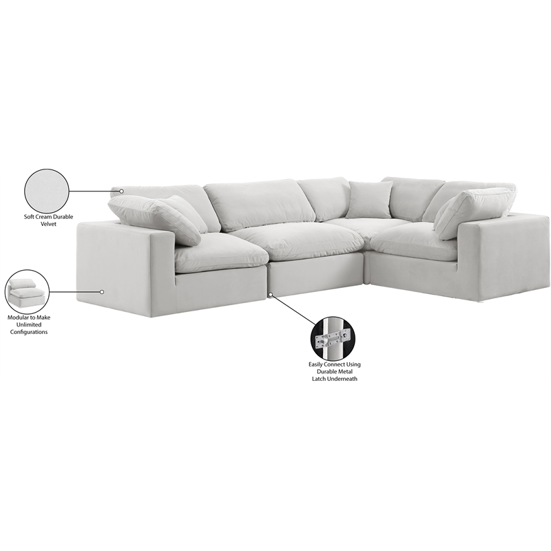 Pemberly Row Modular Cream Velvet 4-Piece Sectional with Down Cushions