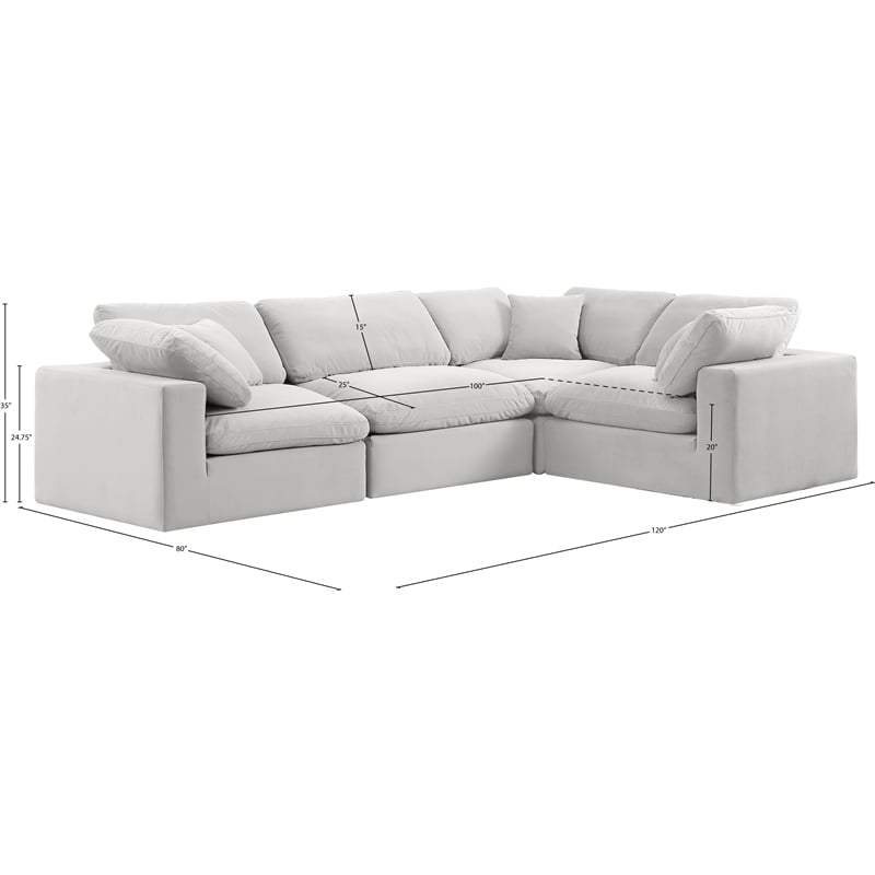 Pemberly Row Modular Cream Velvet 4-Piece Sectional with Down Cushions