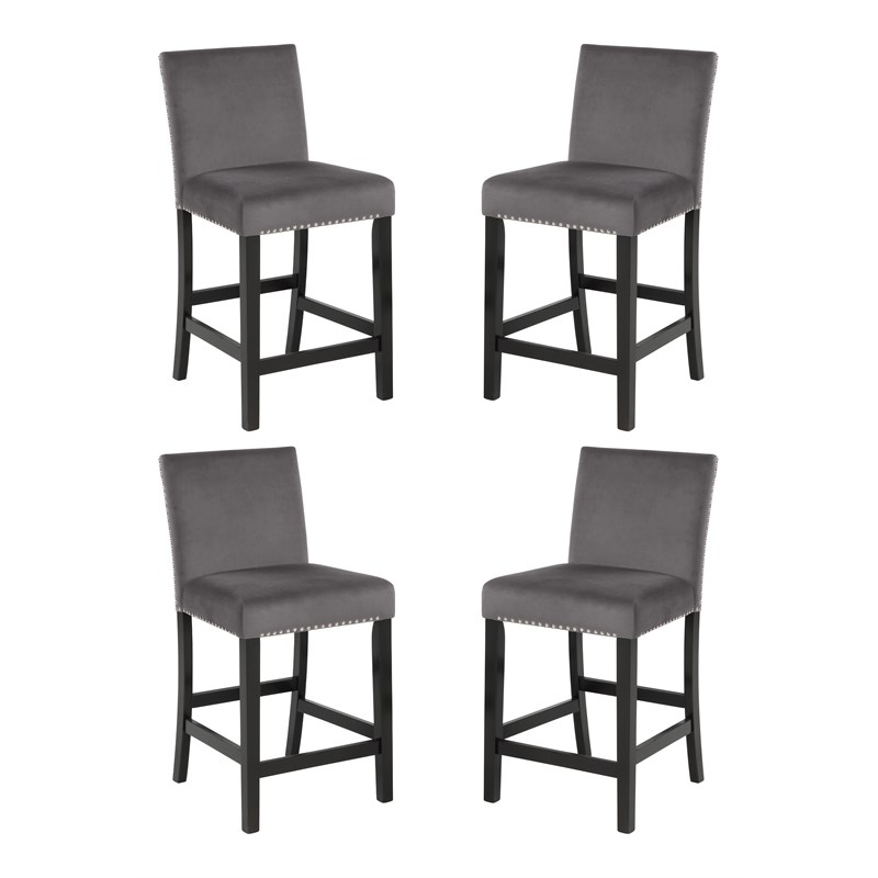 Pemberly Row Solid Wood Counter Chairs with Velvet Fabric in Gray (Set of 4)