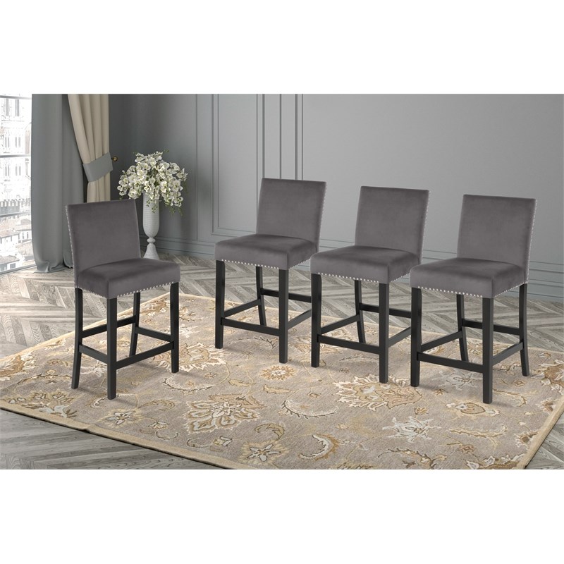 Pemberly Row Solid Wood Counter Chairs with Velvet Fabric in Gray (Set of 4)