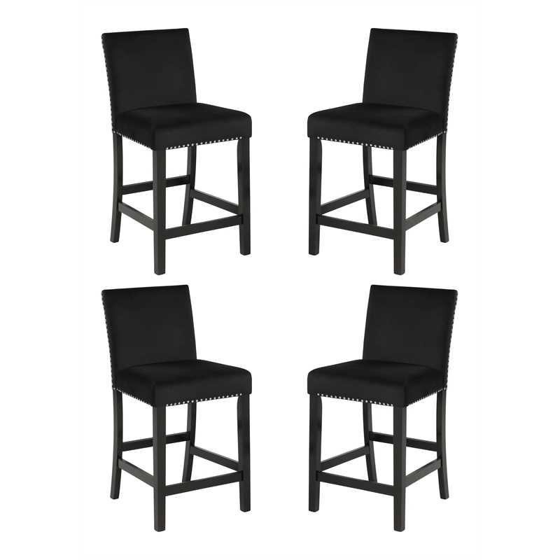 Pemberly Row Rubberwood Counter Chairs Black Velvet Upholstery Set of 4