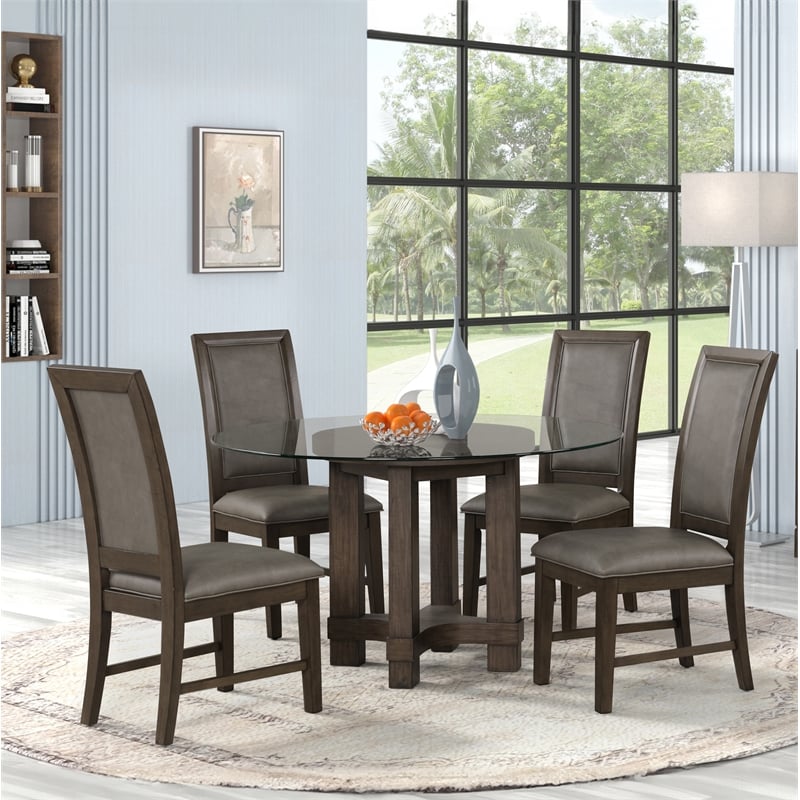 Pemberly Row 5-Piece Solid Wood Dining Set with Upholstered Seats in Walnut