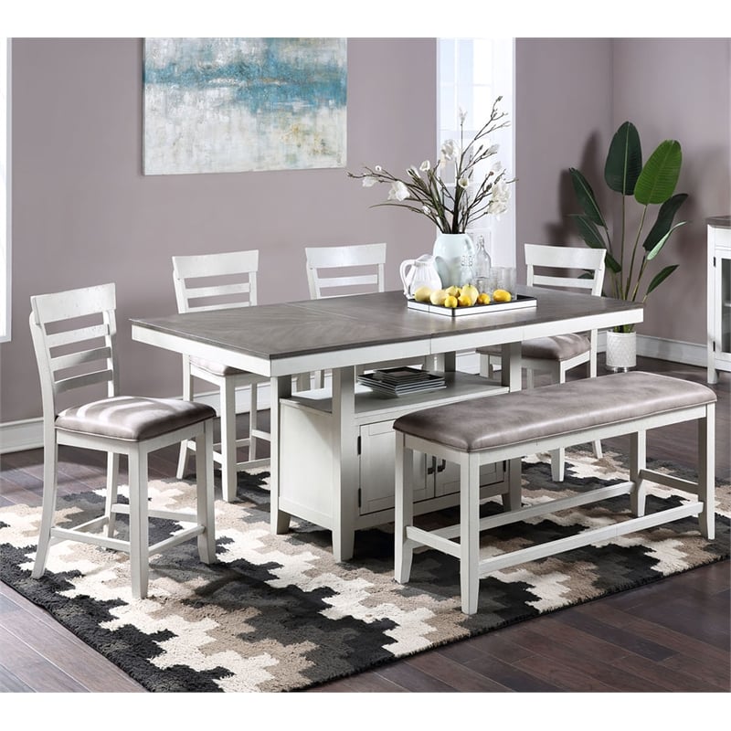 Pemberly Row 6-Piece Counter Height Table Set with Removable Leaf in Brown/White