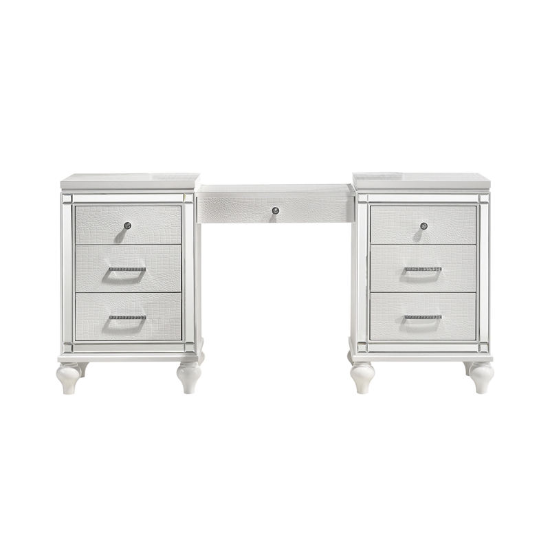 Pemberly Row Solid Wood 7-Drawer Vanity in White with Velvet Drawer