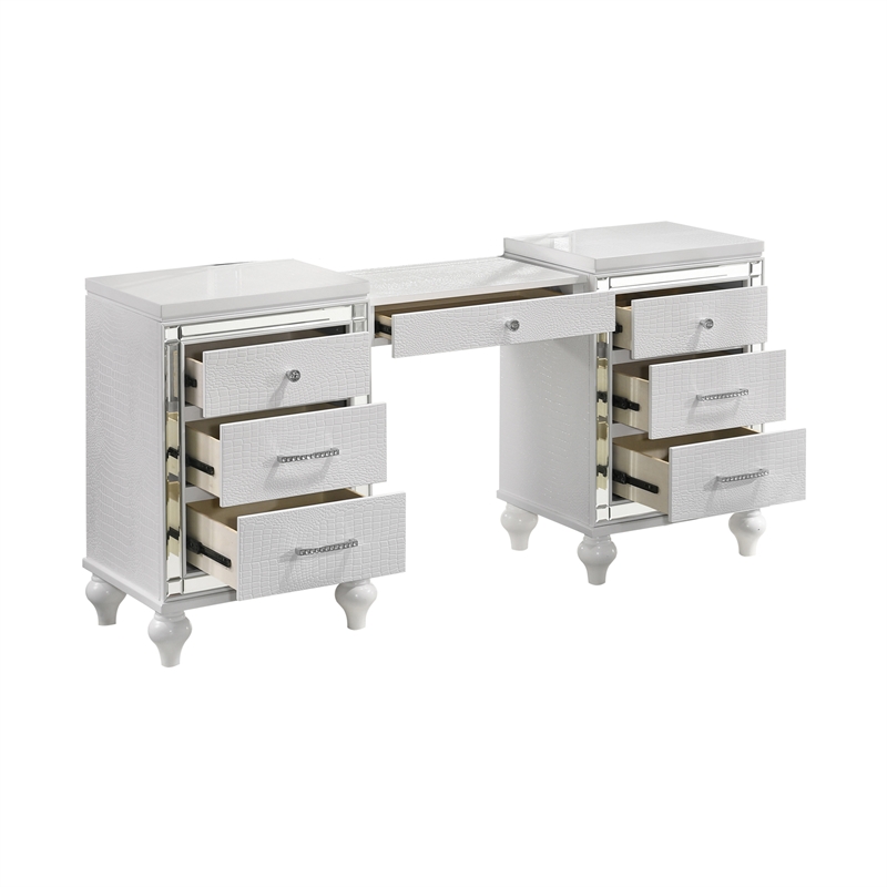 Pemberly Row Solid Wood 7-Drawer Vanity in White with Velvet Drawer