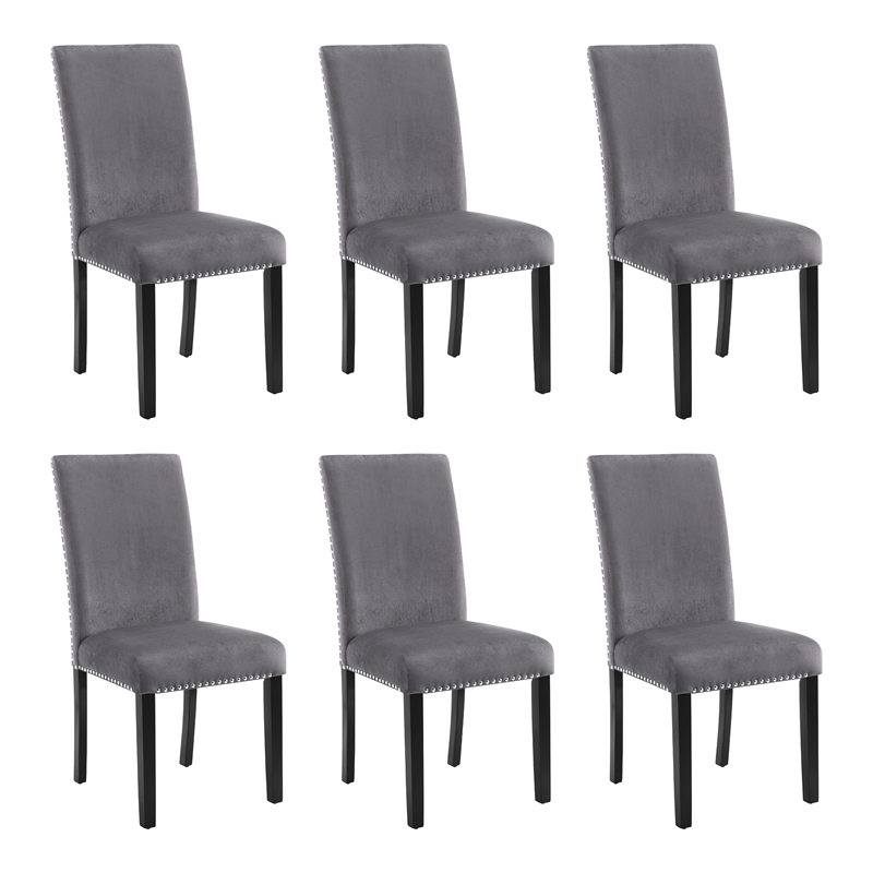 Pemberly Row Solid Wood Gray Dining Chairs Set of 6 with Velvet Seats