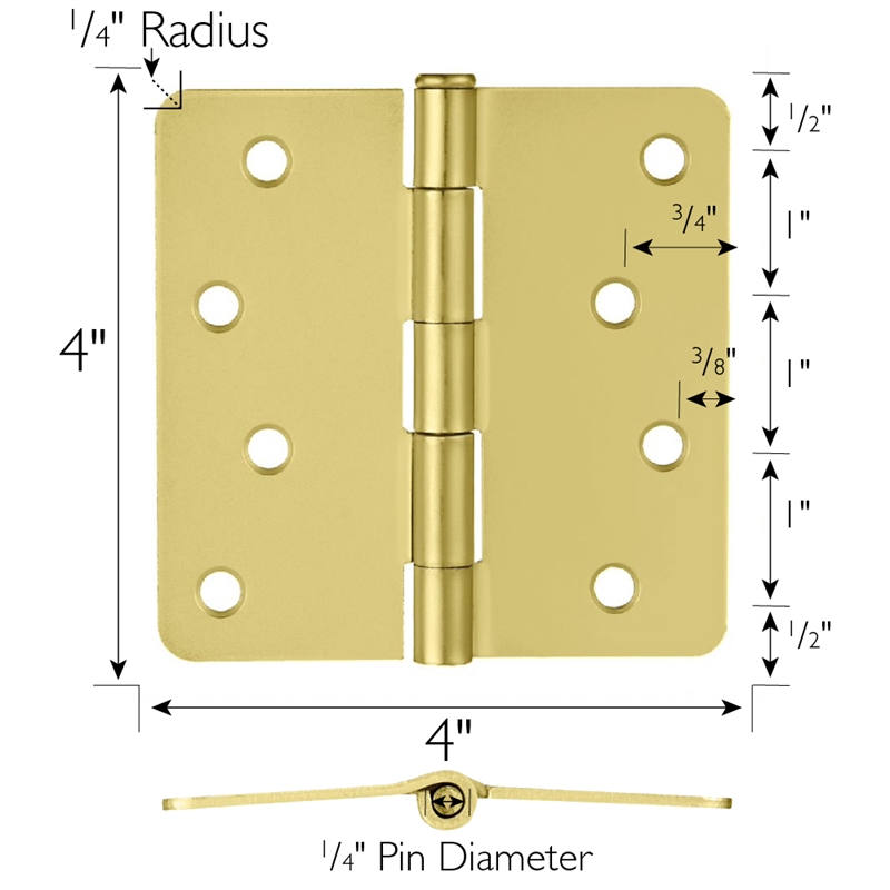 Pemberly Row Steel Door Hinge 4-Inch Satin Brass 1/4-Inch Radius 10-Pack