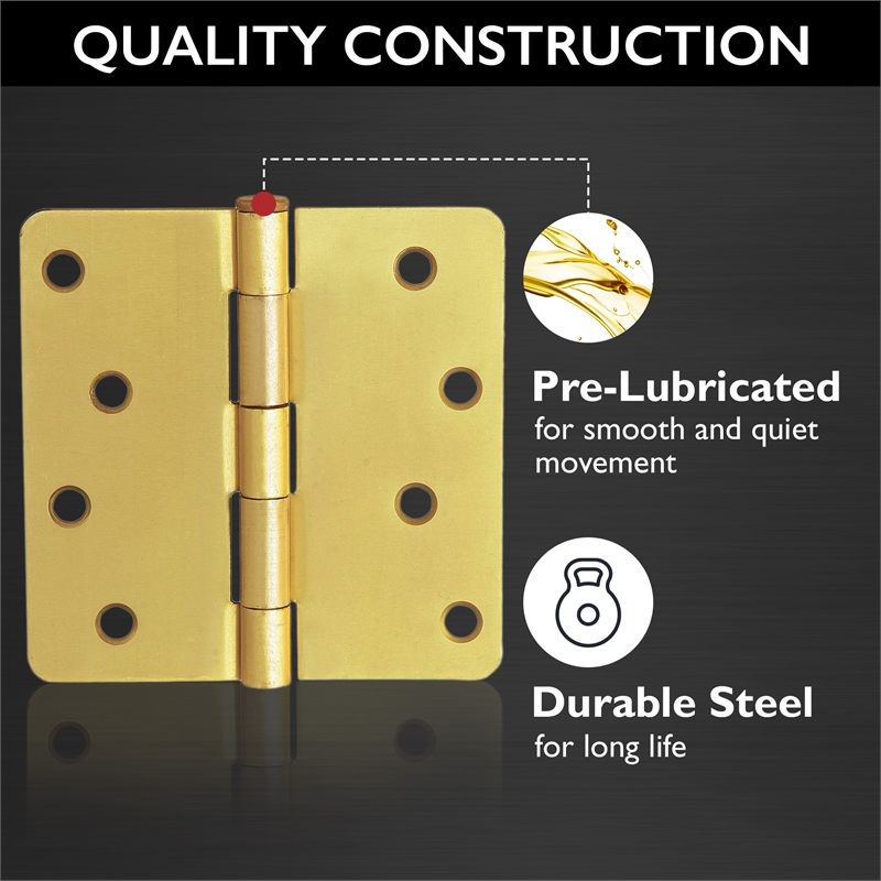 Pemberly Row Steel Door Hinge 4-Inch Satin Brass 1/4-Inch Radius 10-Pack