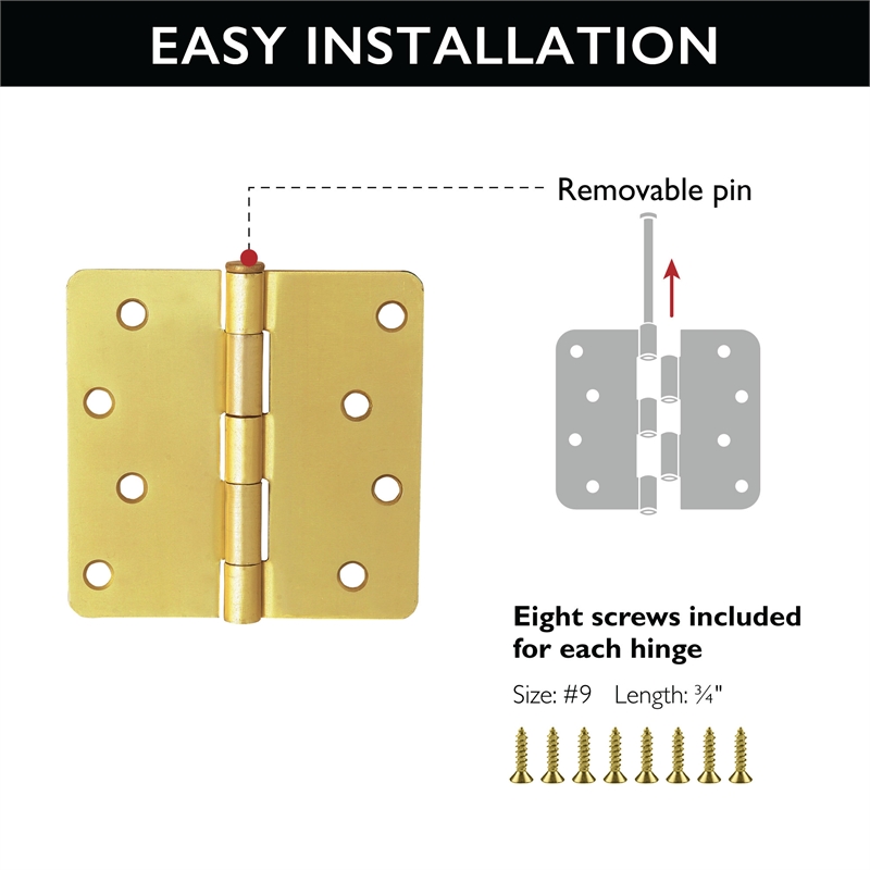 Pemberly Row Steel Door Hinge 4-Inch Satin Brass 1/4-Inch Radius 10-Pack