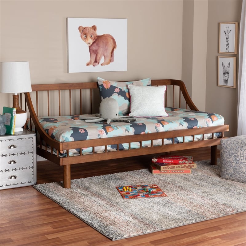 Pemberly Row Mid-Century Modern Walnut Wood Twin Daybed with Slats