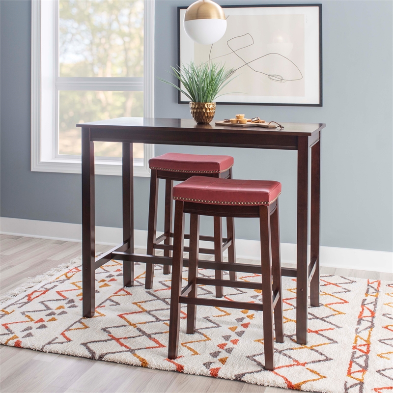Pemberly Row 3-Piece Bar Dining Set with Faux Leather Seats in Brown Wood