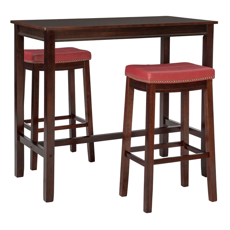 Pemberly Row 3-Piece Bar Dining Set with Faux Leather Seats in Brown Wood