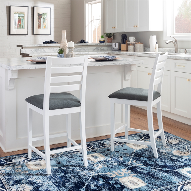 Pemberly Row Set of 2 White Beechwood Counter Stools with Upholstered Seats