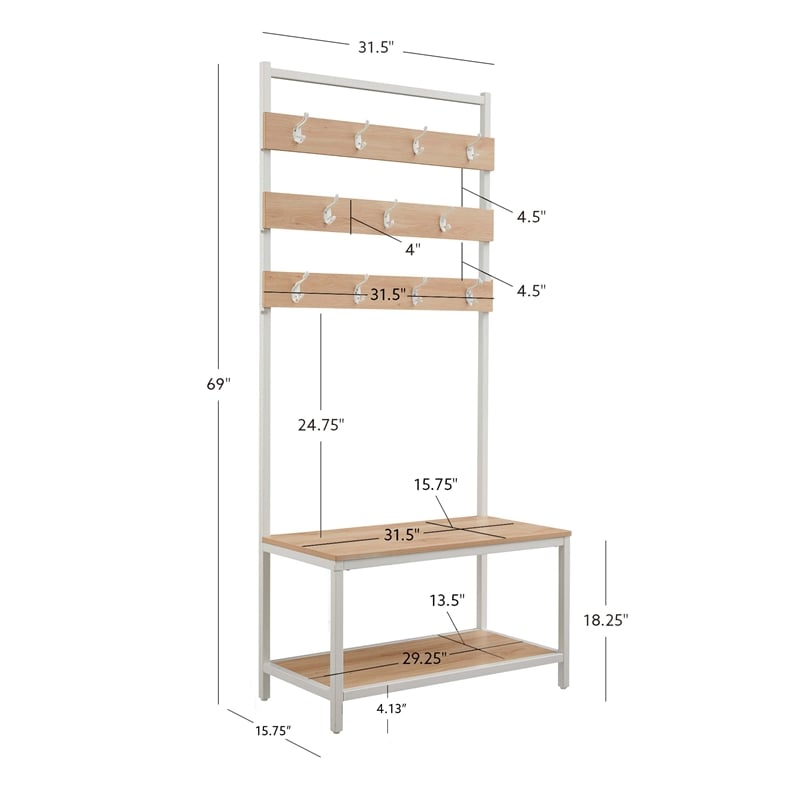 Pemberly Row White Metal Hall Tree with 11 Hooks and 2 Shelves