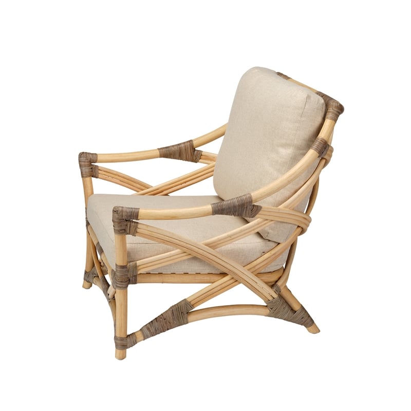Pemberly Row Transitional Rattan & Fabric Lounge Chair in Natural/Gray