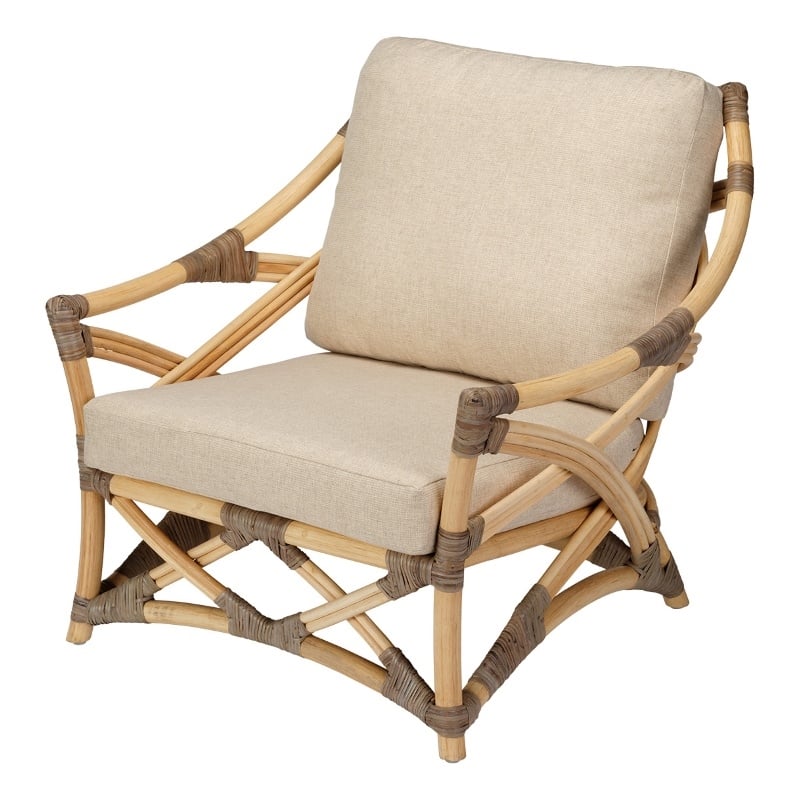 Pemberly Row Transitional Rattan & Fabric Lounge Chair in Natural/Gray