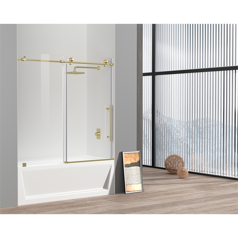 Pemberly Row Frameless Stainless Steel Tub Door in Brushed Gold