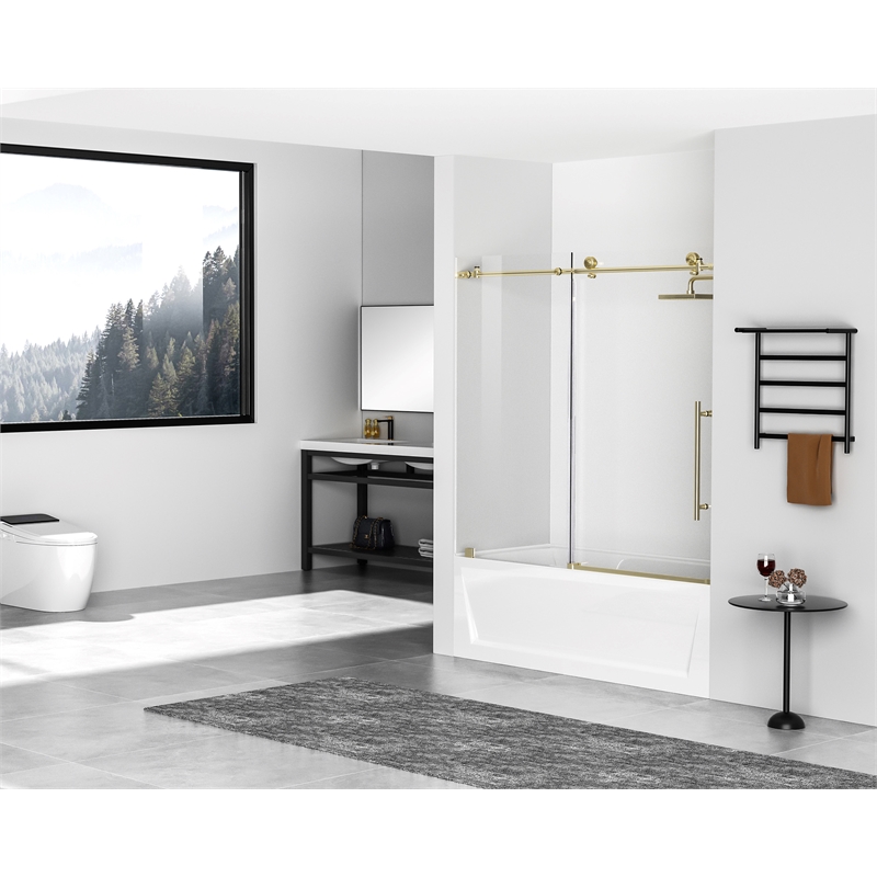Pemberly Row Frameless Stainless Steel Tub Door in Brushed Gold