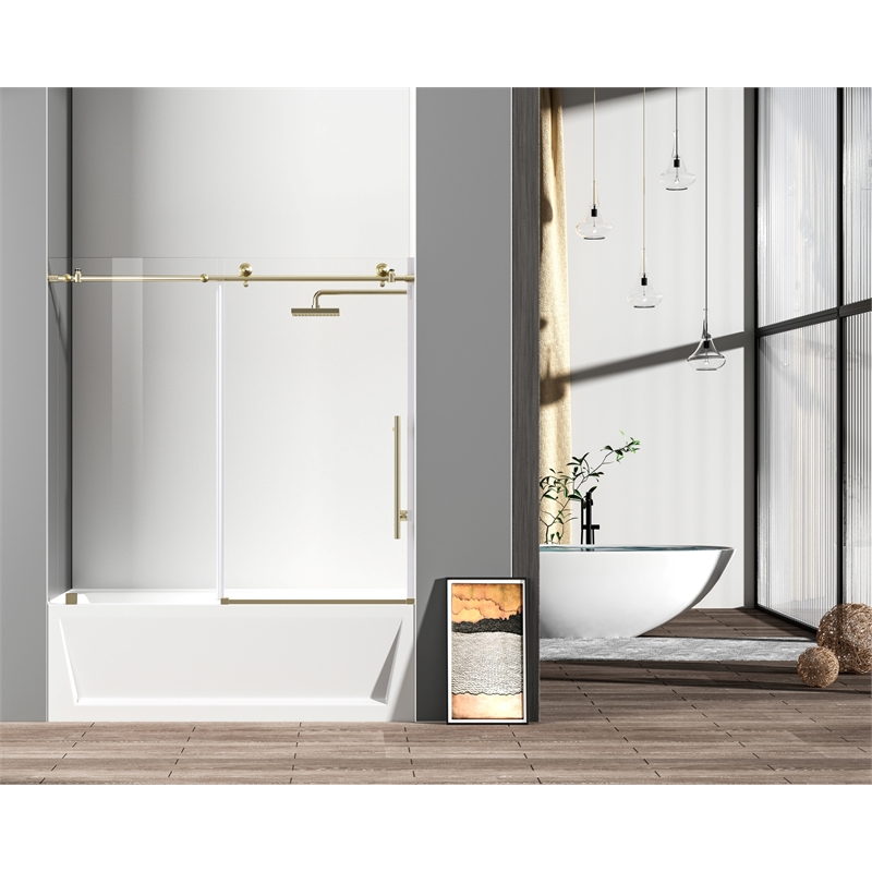 Pemberly Row Frameless Stainless Steel Tub Door in Brushed Gold