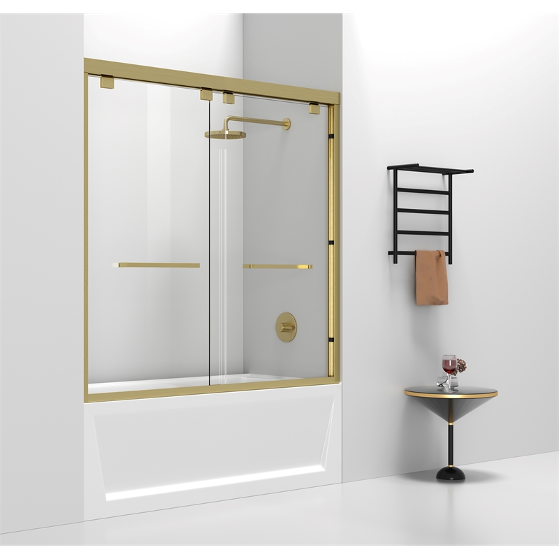 Pemberly Row Semi-Frameless Aluminum Tub Door in Gold with Double Slides