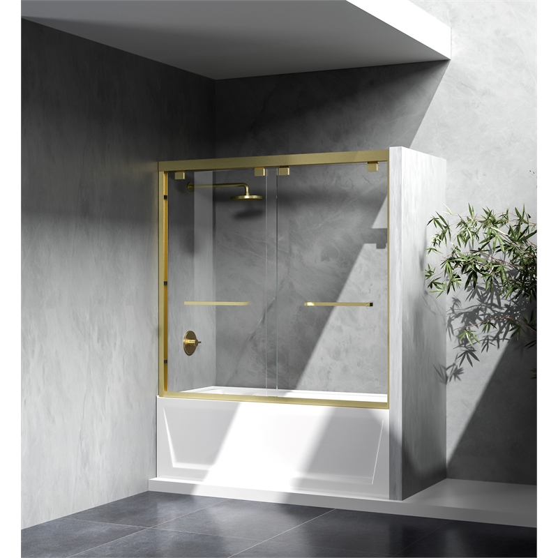 Pemberly Row Semi-Frameless Aluminum Tub Door in Gold with Double Slides