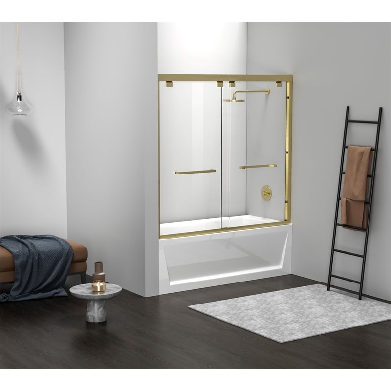 Pemberly Row Semi-Frameless Aluminum Tub Door in Gold with Double Slides