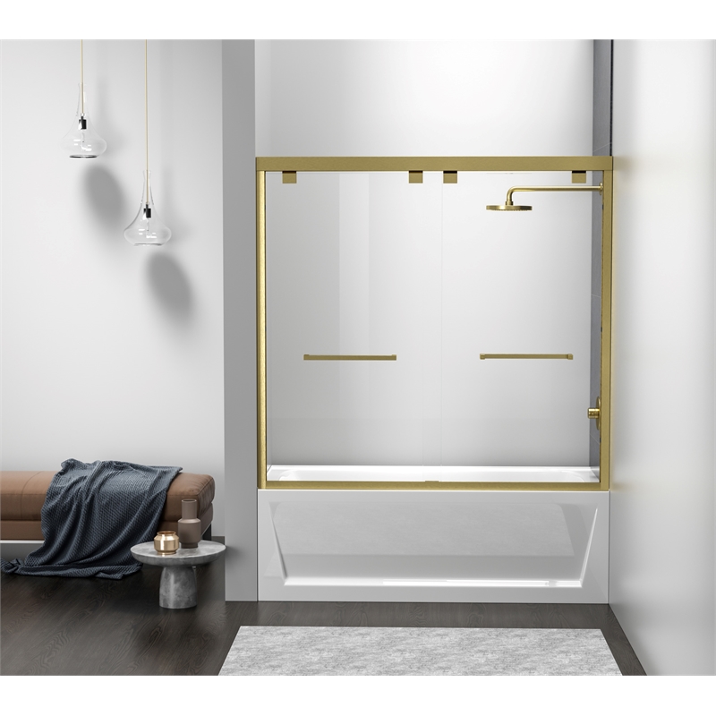 Pemberly Row Semi-Frameless Aluminum Tub Door in Gold with Double Slides