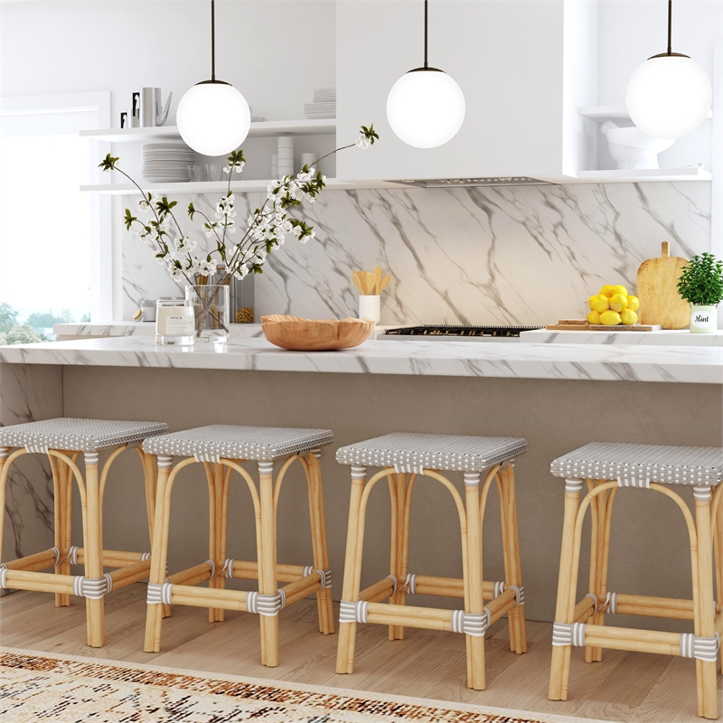 Pemberly Row Square Backless Rattan 24 in Counter Stool in Gray and White