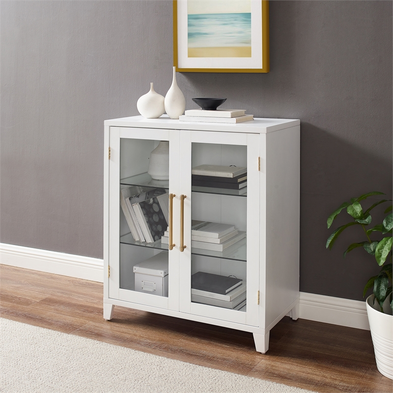 Pemberly Row Glass Door Kitchen Pantry Cabinet in White Engineered Wood