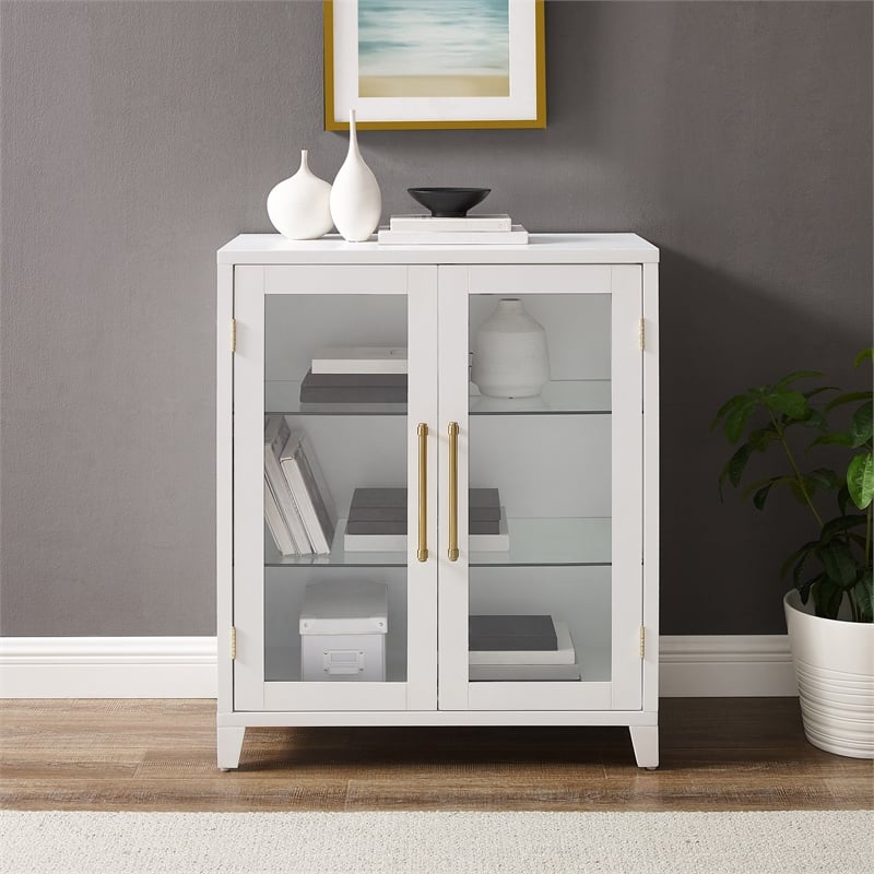 Pemberly Row Glass Door Kitchen Pantry Cabinet in White Engineered Wood