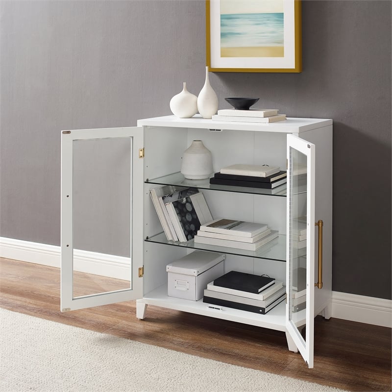 Pemberly Row Glass Door Kitchen Pantry Cabinet in White Engineered Wood