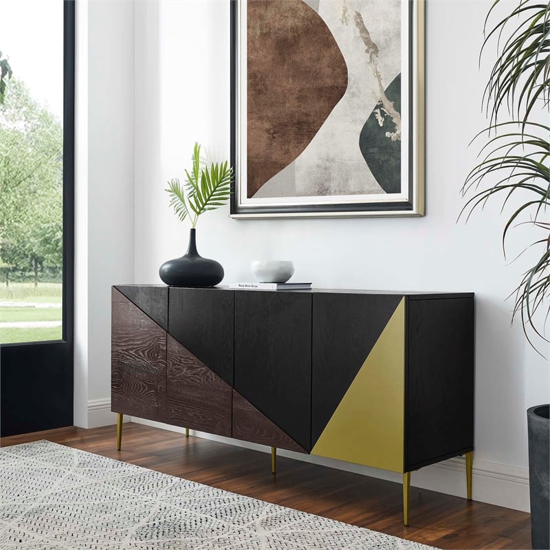 Pemberly Row Wood & Metal Mid-Century Sideboard in Black & Gold