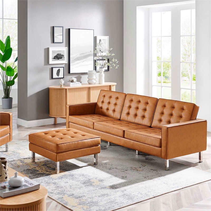 Pemberly Row Tufted Vegan Leather Sofa and Ottoman Set in Silver Tan
