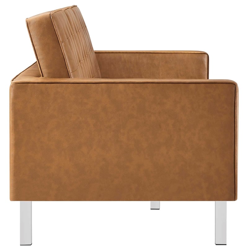 Pemberly Row Tufted Vegan Leather Sofa and Ottoman Set in Silver Tan
