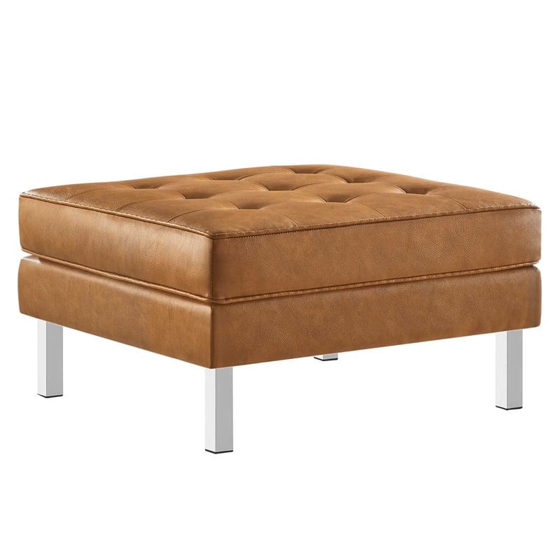 Pemberly Row Tufted Vegan Leather Sofa and Ottoman Set in Silver Tan