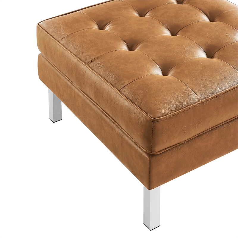 Pemberly Row Tufted Vegan Leather Sofa and Ottoman Set in Silver Tan