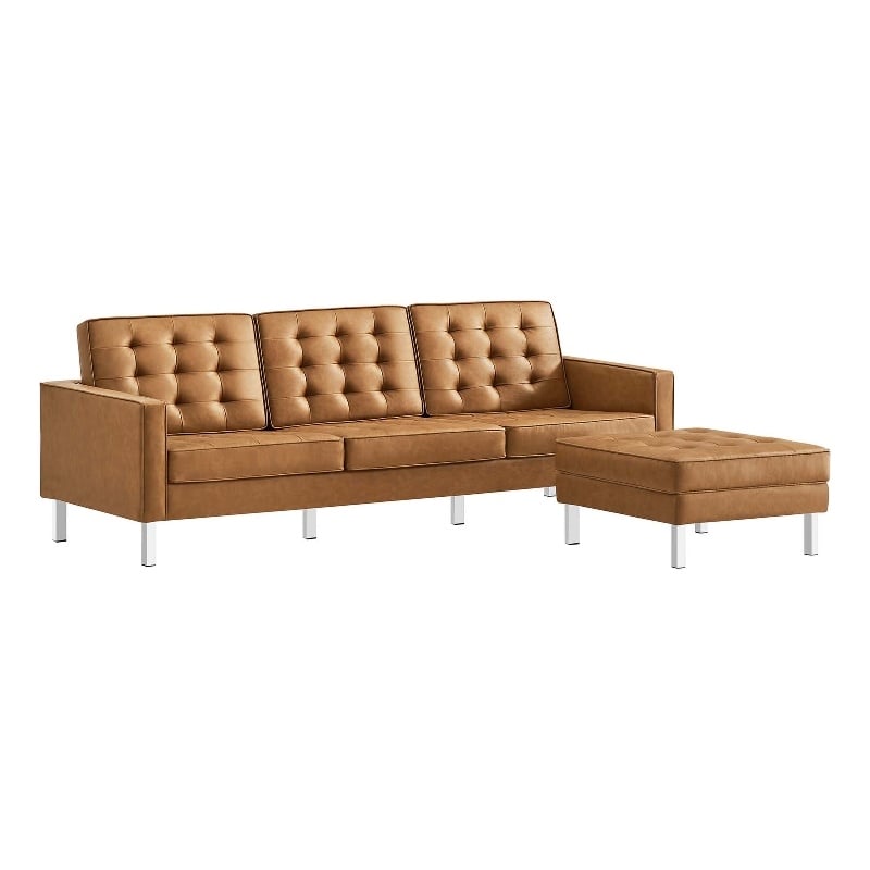 Pemberly Row Tufted Vegan Leather Sofa and Ottoman Set in Silver Tan