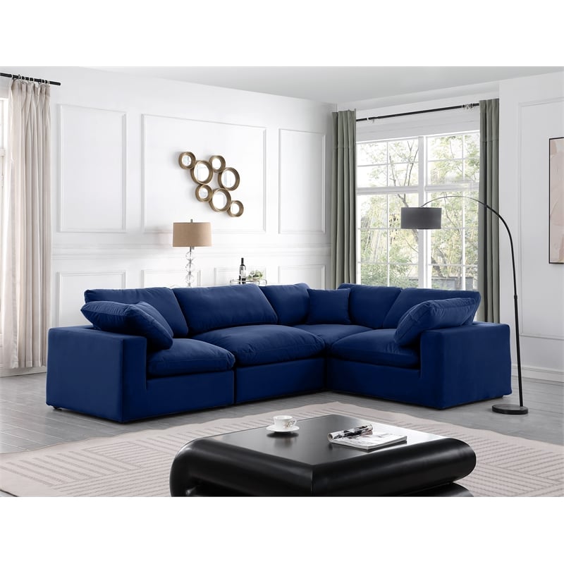Pemberly Row Modular Sectional in Navy Velvet with Down Cushions