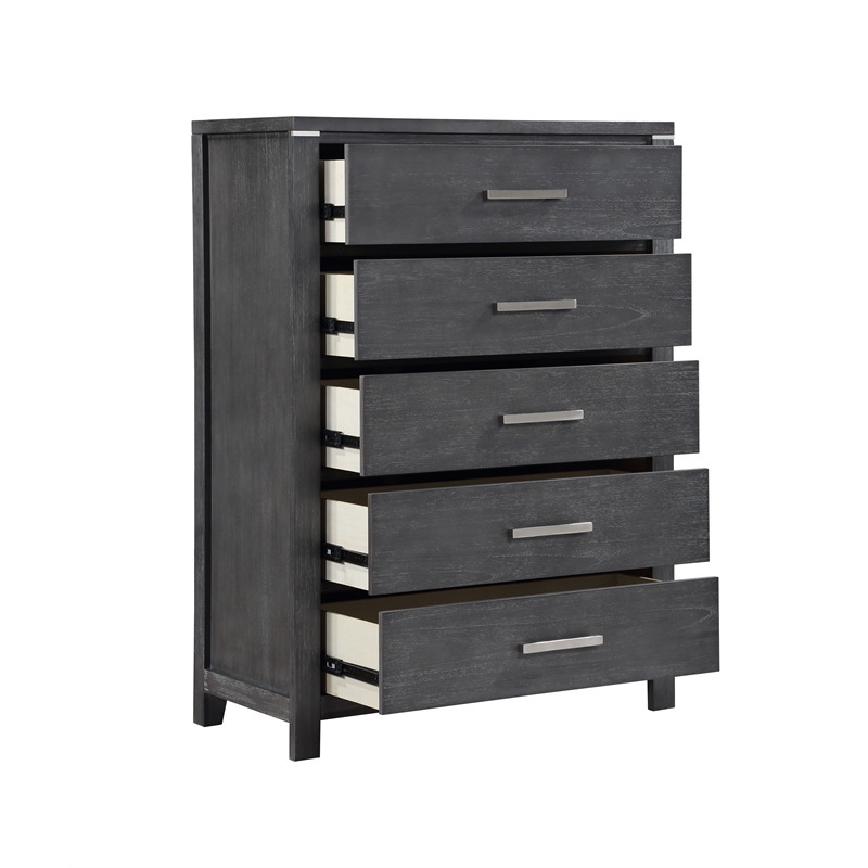 Pemberly Row 5-Drawer Chest in Solid Wood and Charcoal Finish