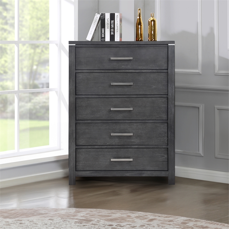 Pemberly Row 5-Drawer Chest in Solid Wood and Charcoal Finish
