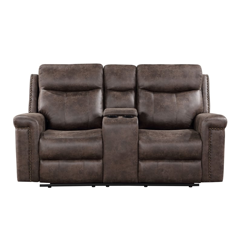 Pemberly Row Polyester Fabric Console Loveseat in Mocha with Cupholders