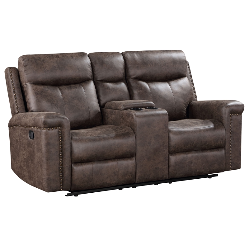 Pemberly Row Polyester Fabric Console Loveseat in Mocha with Cupholders
